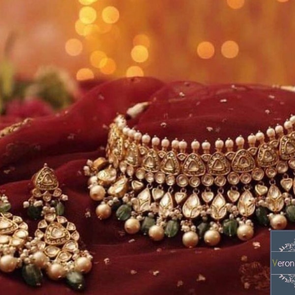 VeroniQ Trends-Designer Bridal Polki Choker Necklace with Emeralds & Pearls-Kundan Necklace-Ahmedabadi Kundan-Wedding Jewelry-South Indian