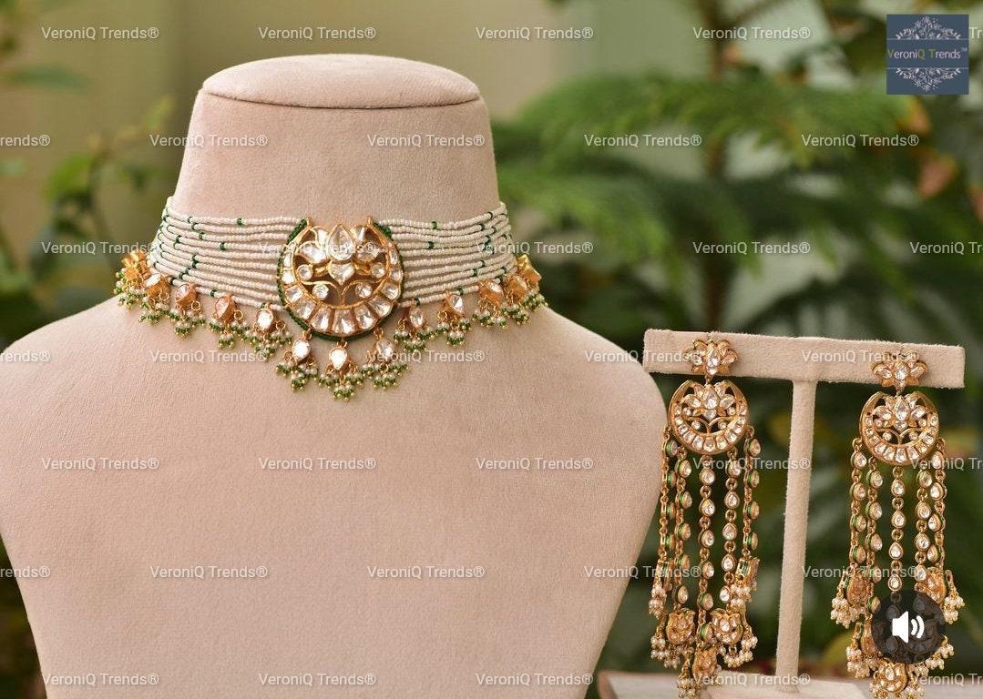 VeroniQ Trends-Bollywood Inspired Moon Pendant Pearl Choker Necklace-Gold Plated in handmade Kundan-Indian Wedding-Polki Necklace-Earrings
