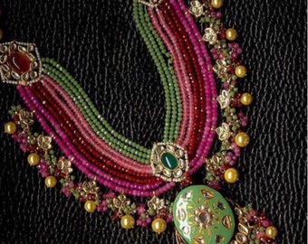 VeroniQ Trends-Royal Multistrand Necklace in Faux Gems, Meenakari Work,Kundan Stones for D81-Wedding, Party,Cocktail,Engagement,Turkish