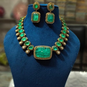 VeroniQ Trends-Bollywood Victorian Style Princess Necklace Green/Pink/Blue Doublet Stones-Bridal-Wedding-Engagement-Pubjabi-Emerald-Sapphire