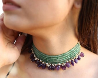 VeroniQ Trends-Elegant Multi layer Choker Necklace in Onyx And Amethyst Bead-South Indian-Indian Jewelry-Kundan-Wedding-USA-UK-Canada-Europe