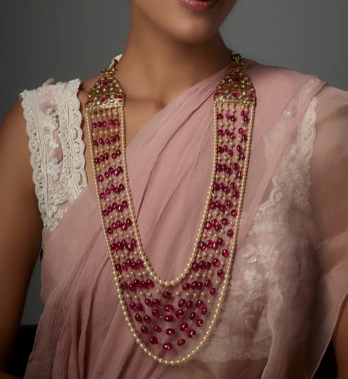 VeroniQ Trends-Mughal Style Multilayer Necklace Handmade Kundan With Ruby Pink Beads Gold Plated/Punjabi Wedding-Indian Jewelry/Sabyasachi