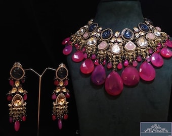 VeroniQ Trends-Designer Cocktail Victorian Necklace with Faux Rubies-Kundan Necklace-Polki Kundan-Wedding Jewelry