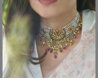 VeroniQ Trends-Thappa Style Choker Necklace in Handmade Kundan With Ruby Quartz Beads & Pearls-Indian Jewelry-Wedding-USA-UK-Canada-Europe
