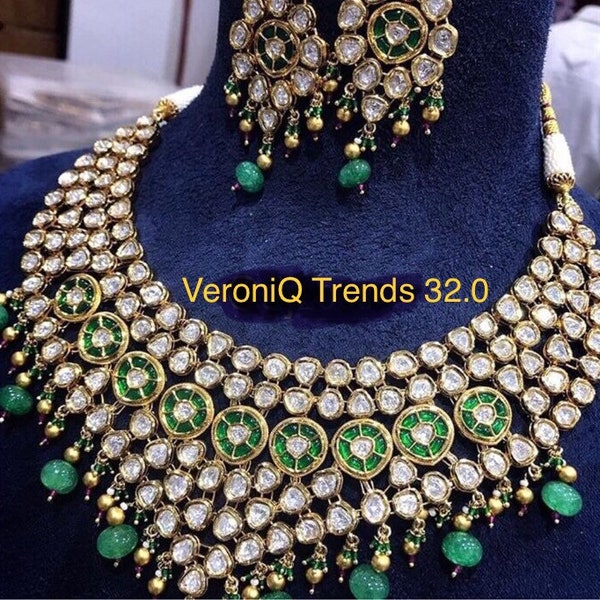 VeroniQ Trends-Designer Kundan Meena Necklace,Polki Necklace,Bridal Necklace,Green Meena,Faux Emerald-VC-Wedding Jewellery