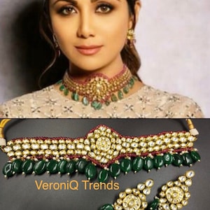 VeroniQ Trends-Designer Kundan Choker Necklace With Emerald Drops,Polki Necklace,Kundan Jewllery,Wedding Jwellery,South Indian Jewllery-MA