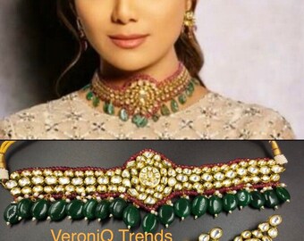 VeroniQ Trends-Designer Kundan Choker Necklace With Emerald Drops,Polki Necklace,Kundan Jewllery,Wedding Jwellery,South Indian Jewllery-MA