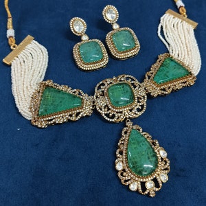 VeroniQ Trends-Bollywood Victorian Style Choker Necklace Green/Pink/Blue Doublet Stones-Bridal-Wedding-Engagement-Pubjabi-Emerald-Sapphire