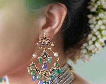 VeroniQ Trends-Chandbali Earrings Handmade Kundan With Faux Sapphire Beads-South Indian-Indian Jewelry-Pachi Kundan Jewelry-Polki