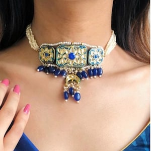 VeroniQ Trends-Handcrafted Blue Meenakari Kundan Choker Necklace with Quartz beads-Bridal-Wedding-Engagement-Party-Kundan Necklace
