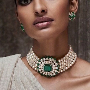 VeroniQ Trends-Cocktail Wear Choker Necklace in 92.5 Silver Moissanite Polki In Faux Emerald Beads-South Indian-Wedding-USA-Dubai-UK-Canada