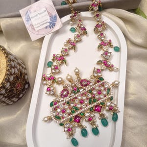 VeroniQ Trends-92.5 Hallmarked Long Silver Kundan Peacock Motifs Necklace Traditional Style 22 kt Gold Plating-Temple Jewelry-South Indian