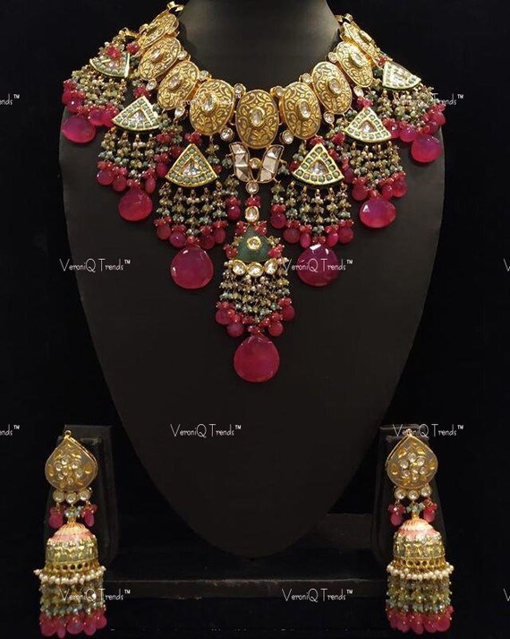 VeroniQ Trends-Designer Cocktail Meenakari Necklace with Faux Rubies-Kundan Necklace-Polki Kundan-Wedding Jewelry