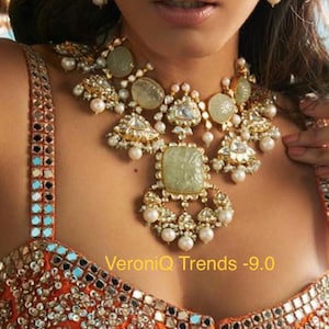 VeroniQ Trends-Designer Polki Necklace with Embossed Fluorite in Silver and Brass with Pearl Drops,Paachi Necklace,Jadau Necklace,Wedding-RJ