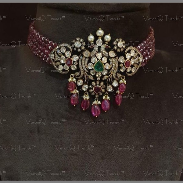 VeroniQ Trends-Victorian Choker Peacock Necklace in 92.5 Silver Moissanite Polki In Ruby Beads-South Indian-Wedding-USA-Dubai-UK-Canada