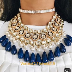 VeroniQ Trends-Designer Kundan and Pearl Choker Necklace Set with Lapis Lazuli Long Beads-Earrings-Kundan Set-Gemstone Necklace-Wedding