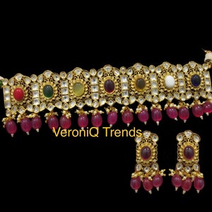 VeroniQ Trends-Designer Kundan Naratna Choker Necklace With Ruby Drops,Polki Necklace,Kundan Jewllery,Wedding Jwellery,South Indian-MA