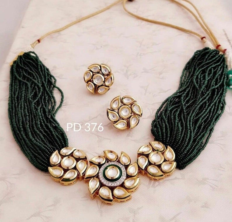 VeroniQ Trends Designer Choker Necklace in KundanPolki Necklace Set very High Quality Green Multistrand beadsD14-Bridal,Wedding,Party