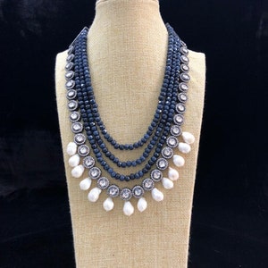 VeroniQ Trends-Multistrand Victorian Kundan Long Necklace With Blue Beads-South Indian-Wedding-USA-Punjabi-Bridesmaid-UK-Dubai-Indian