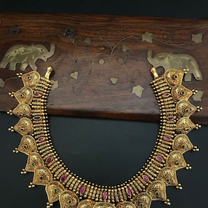 VeroniQ Trends-92.5 Hallmarked Silver Necklace Traditional Style 22 kt Antique Gold Plating-Temple Jewelry-Maharashtrian-South Indian-Indian