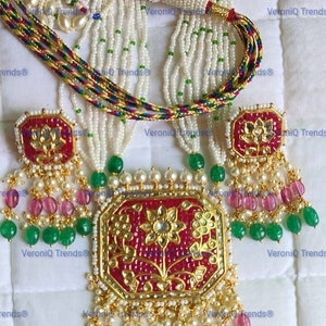 VeroniQ Trends-22KT Gold Diamond Polki Thappa Necklace Mughal Style-Temple Jewelry-Maharashtrian-South Indian-Polki-Pearls