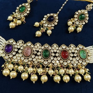VeroniQ Trends-Bollywood Victorian Style Choker Polki Necklace Green/Pink/Blue Doublet -Bridal-Wedding-Engagement-Pubjabi-Emerald-Sapphire