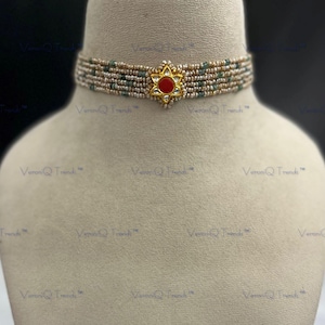 VeroniQ Trends-92.5 Silber Hallmark Vergoldet Kundan Anhänger Choker Halskette-Basra Farbe Süßwasserperlen-Smaragd Perlen-Südind-USA