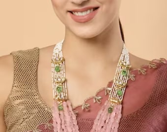 VeroniQ Trends - Long collier élégant de perles roses multirangs Meenakari Kundan long RaniHaar avec perles - Mariage - Etats-Unis-Royaume-Uni-Europe-Inde