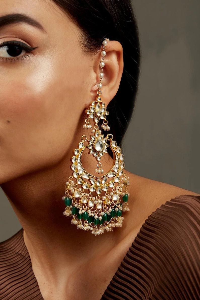 VeroniQ Trends-Indian Long Chandbali Earring's in Handmade Kundan With Green Beads-South Indian-Indian Jewelry-Wedding-USA-UK-Canada-Europe