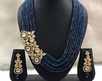 VeroniQ Trends-Multistrand Party Wear Kundan Long Necklace With Blue Beads-South Indian-Wedding-USA-Punjabi-Bridesmaid-UK-Dubai-Indian