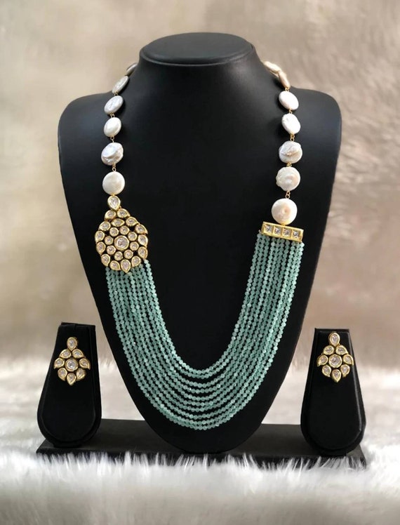 VeroniQ Trends- Designer Kundan/Polki Raani Haar Necklace Set in Multilayer  With Shell Pearls Faux Emerald Beads-D43-Royal