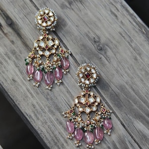 VeroniQ Trends- Delicate Chandbali Earring's in Handmade Kundan With Quartz Beads-South Indian-Indian Jewelry-Kundan Jewelry-Polki Necklace