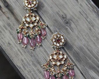 VeroniQ Trends- Delicate Chandbali Earring&#39;s in Handmade Kundan With Quartz Beads-South Indian-Indian Jewelry-Kundan Jewelry-Polki Necklace