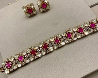 VeroniQ Trends-Sabyasachi Inspired Polki Choker Necklace With Ruby Pink Stone-Wedding-Engagement-USA-UK-Europe-South India-Punjabi Wedding