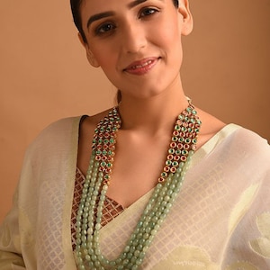 VeroniQ Trends-Multilayer Long Gold Plated Kundan Meenakari Necklace With Green Quartz Beads-Wedding-Engagement-Party-USA-UK-Europe-India