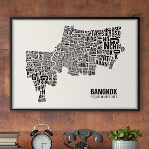 BANGKOK Thailand Buchstabenort Siebdruck Poster Typografie, Typo Stadtplan, Buchstaben Karte, Stadtteile Grafik, Städte Bilder, Plakat