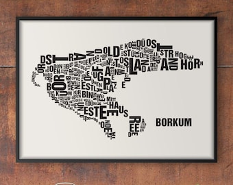 BORKUM Letter Location Screen Printing Poster Typography, Typo City Map, Letters Map, Districts Graphics, Cities Pictures, Poster