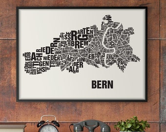 BERN Switzerland Letter Location Screen Printing Poster Typography, Typo City Map, Letters Map, Districts Graphics, Cities Pictures, Poster