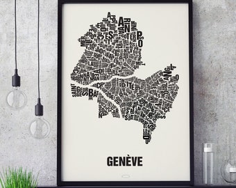 GENEVE Geneva Switzerland Letter Location Screen Printing Poster Typography, Typo City Map, Letters Map, Districts Graphics, Cities Pictures, Poster