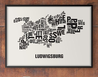 LUDWIGSBURG Letter Location Screen Printing Poster Typography, Typo City Map, Letters Map, Districts Graphics, Cities Pictures, Poster