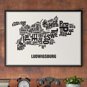 LUDWIGSBURG Buchstabenort Siebdruck Poster Typografie, Typo Stadtplan, Buchstaben Karte, Stadtteile Grafik, Städte Bilder, Plakat