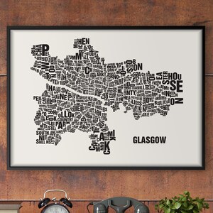 GLASGOW Schottland Buchstabenort Siebdruck Poster Typografie, Typo Stadtplan, Buchstaben Karte, Stadtteile Grafik, Städte Bilder, Plakat