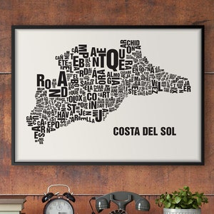 COSTA DEL SOL Lettre Emplacement Sérigraphie Affiche Typographie, Typo Carte de la ville, Lettres Carte, Districts Graphiques, Villes Images, Affiche