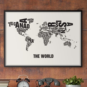 WELTKARTE The World Buchstabenort Siebdruck Poster Typografie, Typo Stadtplan, Buchstaben Karte, Stadtteile Grafik, Städte Bilder, Plakat
