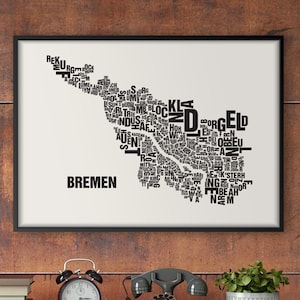 BREMEN Buchstabenort Siebdruck Poster Typografie, Typo Stadtplan, Buchstaben Karte, Stadtteile Grafik, Städte Bilder, Plakat