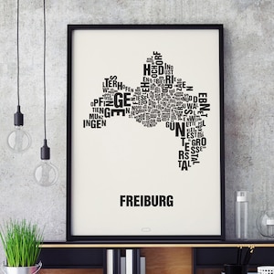 FREIBURG Buchstabenort Siebdruck Poster Typografie, Typo Stadtplan, Buchstaben Karte, Stadtteile Grafik, Städte Bilder, Plakat
