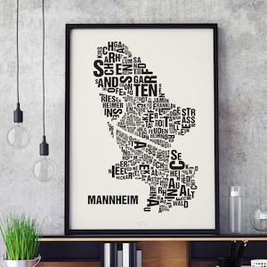 MANNHEIM Buchstabenort Siebdruck Poster Typografie, Typo Stadtplan, Buchstaben Karte, Stadtteile Grafik, Städte Bilder, Plakat