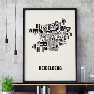 HEIDELBERG Buchstabenort Siebdruck Poster Typografie, Typo Stadtplan, Buchstaben Karte, Stadtteile Grafik, Städte Bilder, Plakat