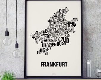 FRANKFURT letter location screenprint poster typography, typo city map, letter map, district graphics, city pictures, poster