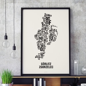 GÖRLITZ-ZGORZELEC Buchstabenort Siebdruck Poster Typografie, Typo Stadtplan, Buchstaben Karte, Stadtteile Grafik, Städte Bilder, Plakat